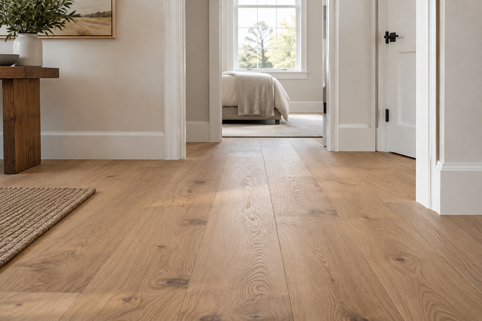 Illustrative oak flooring and baseboards